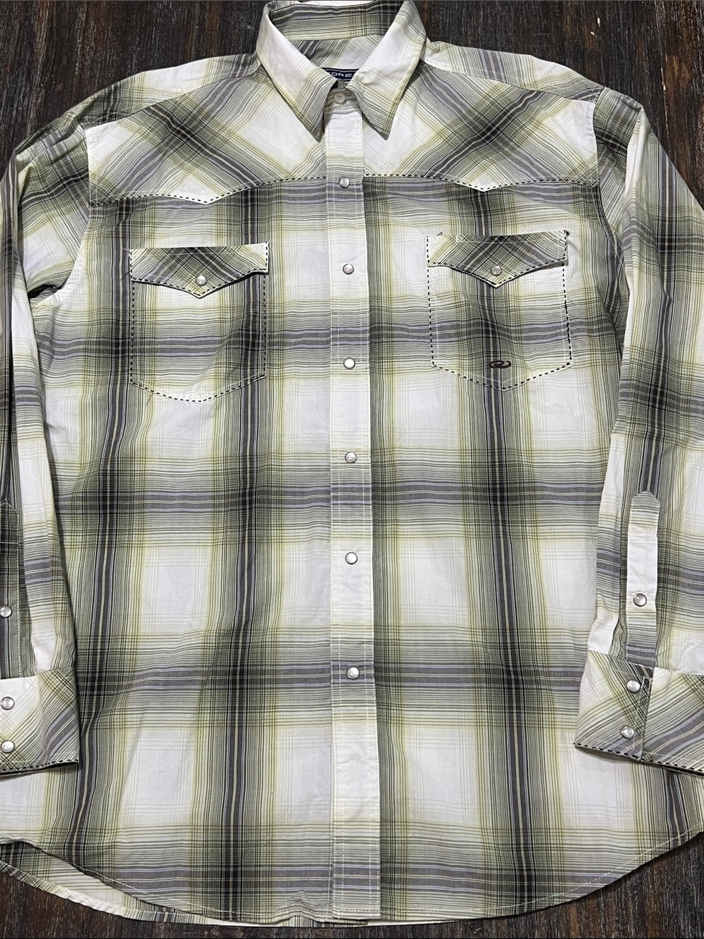 Roper Men's Olive, Gray & White Plaid Pearl Snap Western Shirt